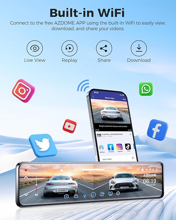 AZDOME PG19X 2CH Mirror Dash Cam 4K with 12" Touch Screen 24H Parking Mode