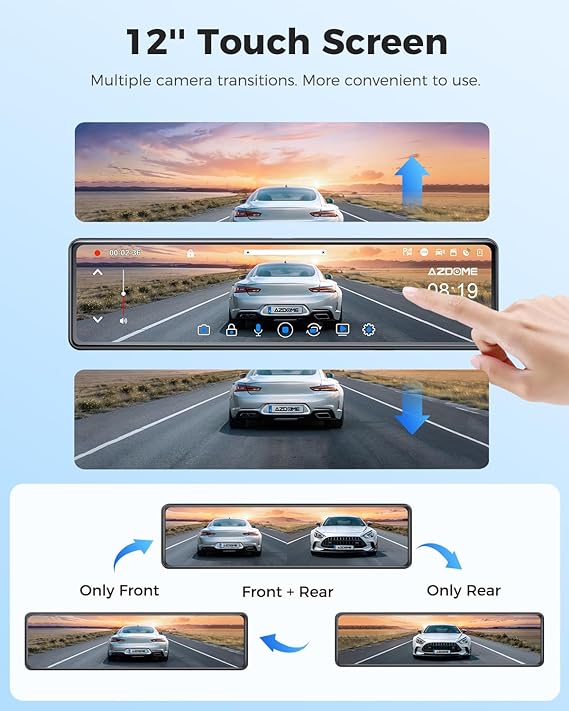 AZDOME PG19X 2CH Mirror Dash Cam 4K with 12" Touch Screen 24H Parking Mode