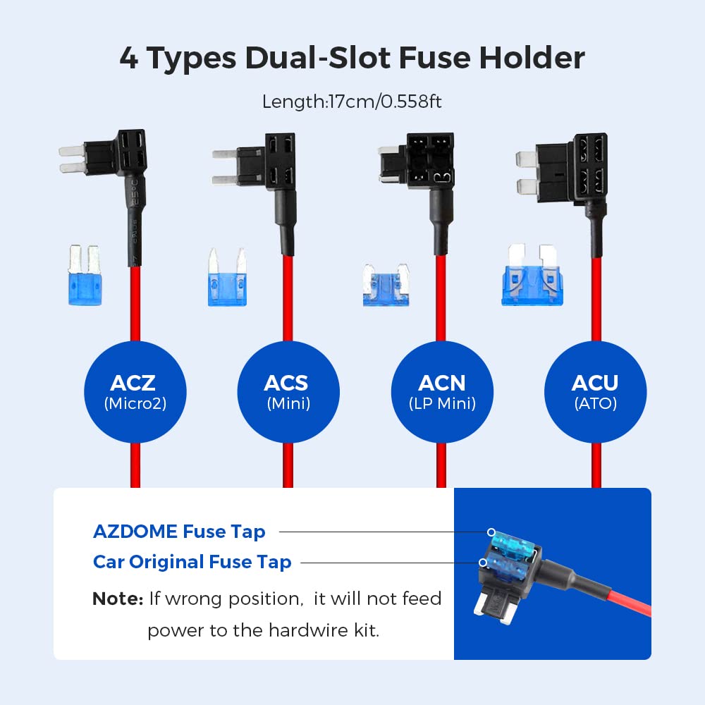 AZDOME JYX04 3-Lead Acc Hardwire Kit Micro-USB Port for M300S Dash Cam, 12ft with Fuse Kit - AZDOME Official Stores