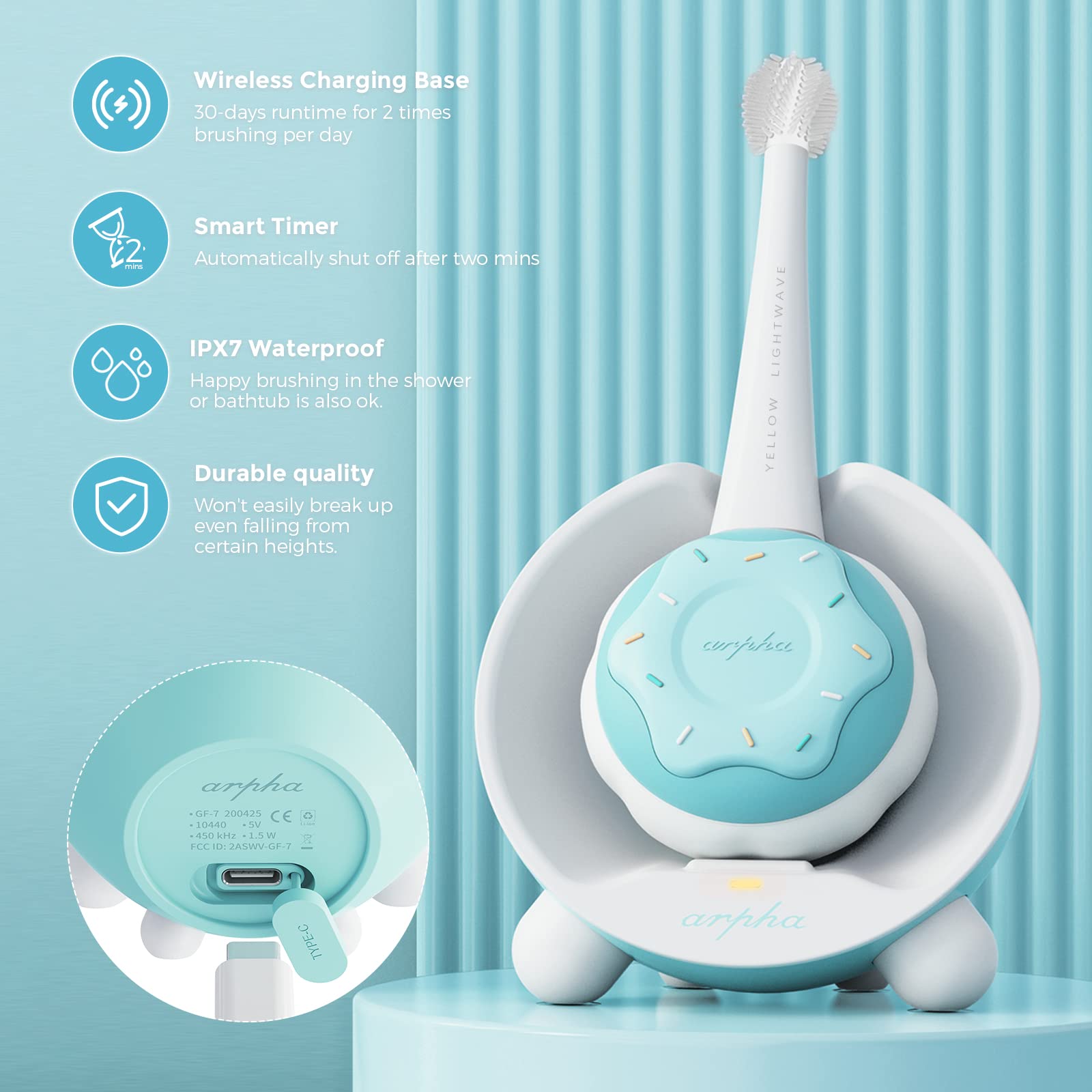 Arpha X3-M Kids Electric Toothbrush Age 1-8 Rechargeable Battery 3 Brush Heads - AZDOME Official Stores