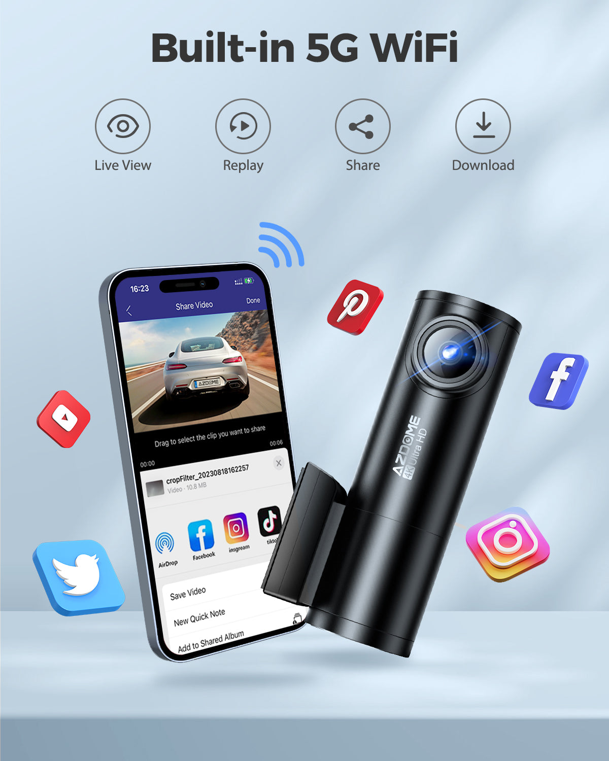 AZDOME M300S 2CH Dash Cam 4K with 5.8G WiFi GPS Voice Control WDR Night Vision 24H Parking Mode - AZDOME Official Stores