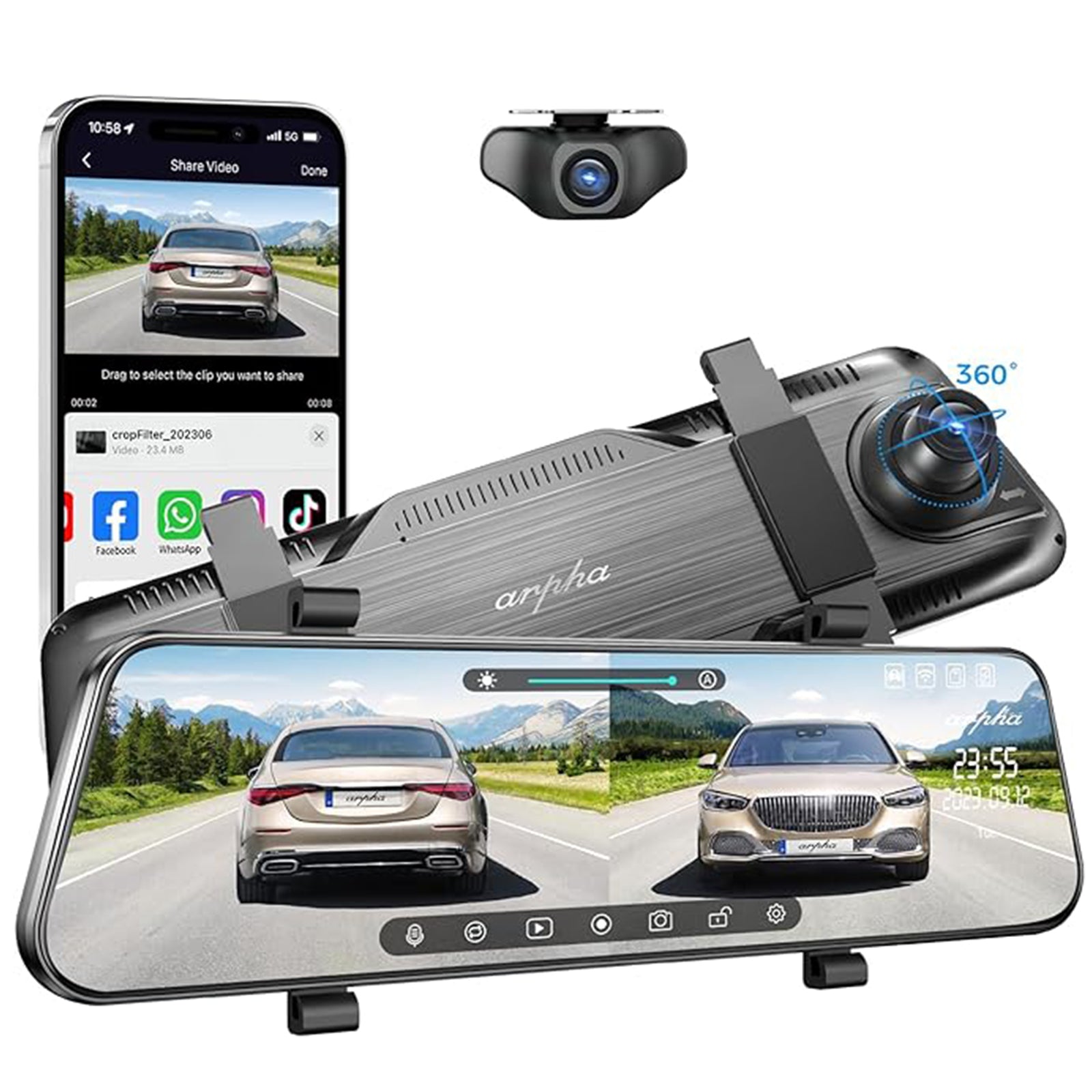 Arpha E21 2CH Mirror Dash Cam 1080P 10'' Touch Screen with 24H Parking Mode - AZDOME Official Stores