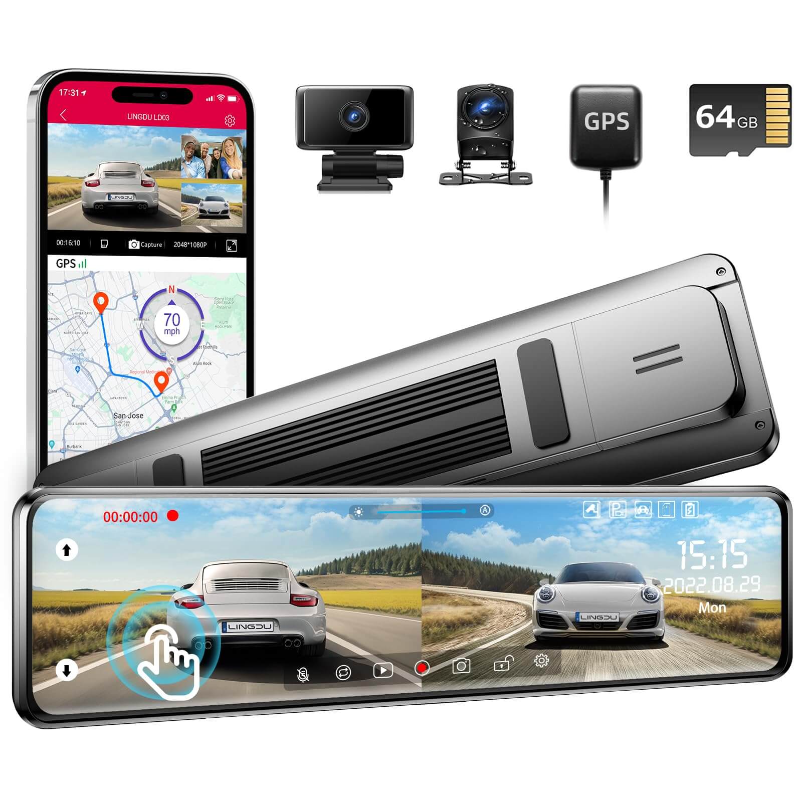 LINGDU LD03 2CH Mirror Dash Cam FHD 1080P with 12" Touch Screen Super Night Vision