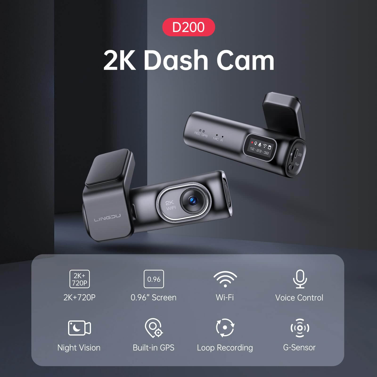 LINGDU D200 2CH Dash Cam 2K with 0.96" Screen Voice Control 24H Parking Mode