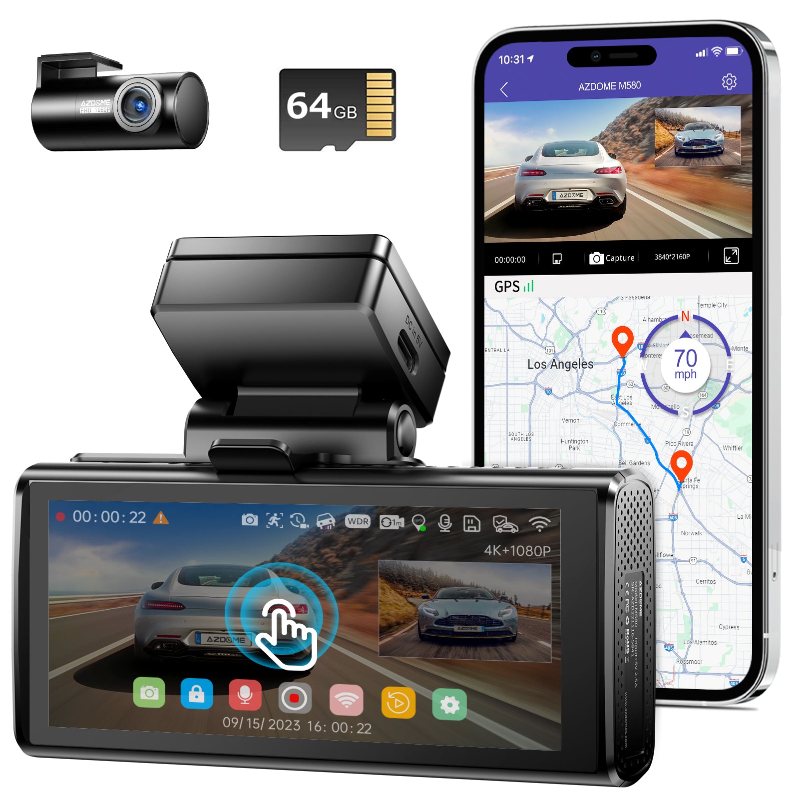AZDOME M580 2CH Dash Cam 5K with 4" Touch Screen IR Night Vision 24H Parking Mode